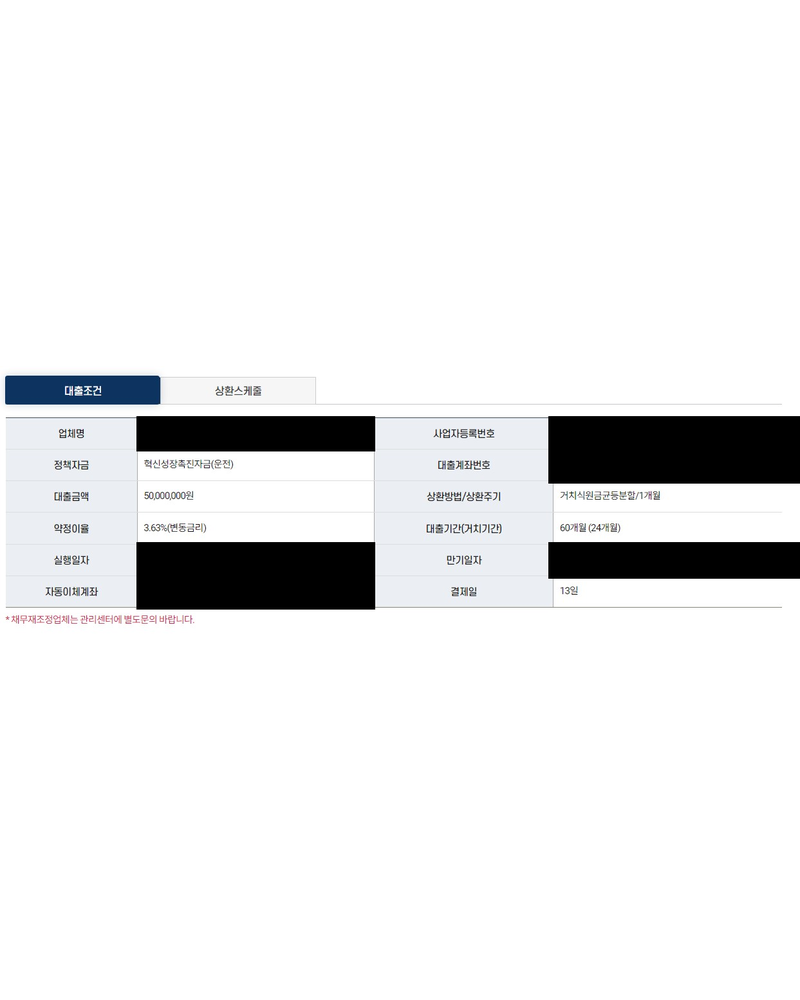 정책자금 승인 기록(개인정보 가림)